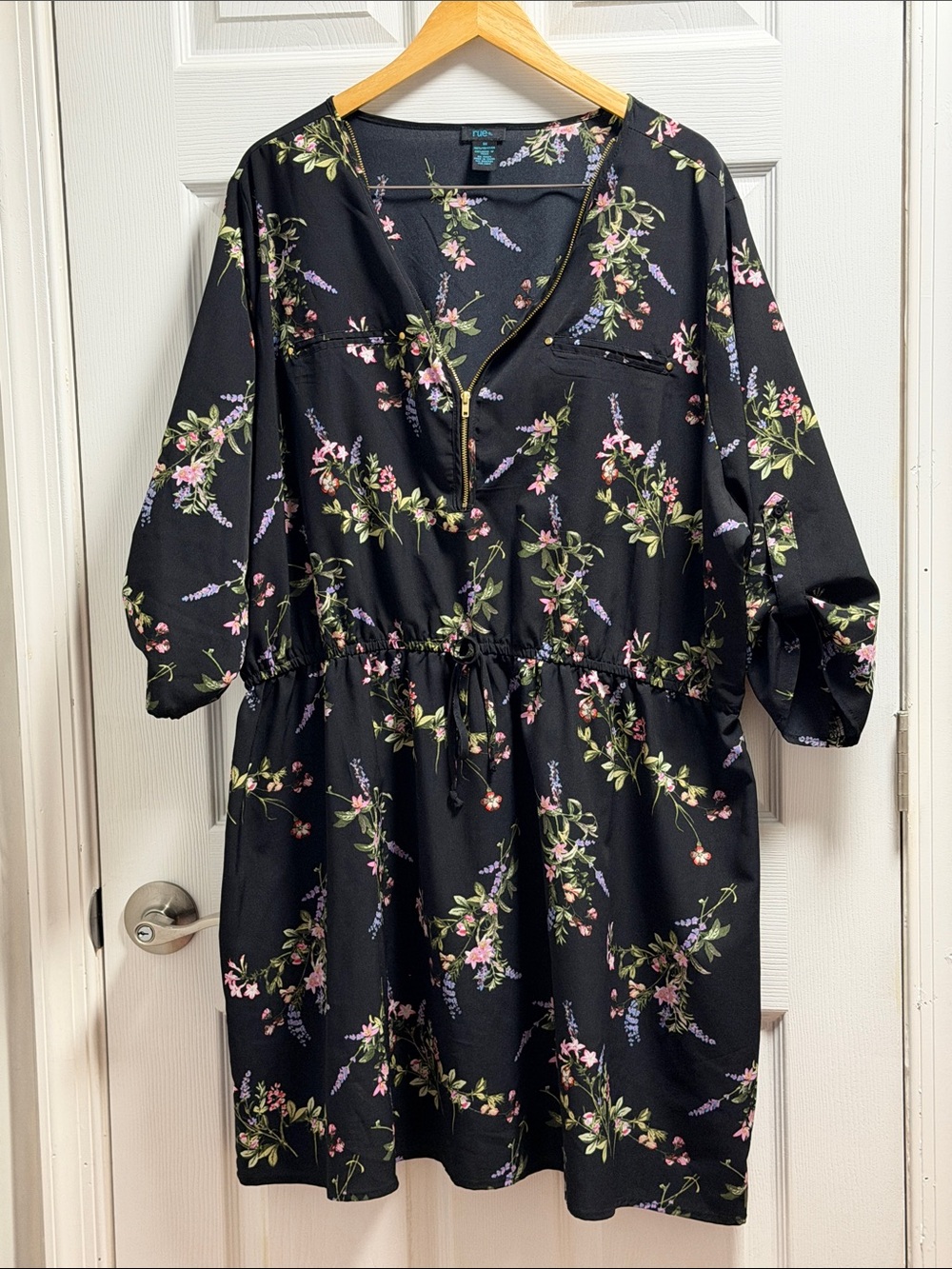 Floral Zip-Front Black Midi Dress with Drawstring Waist